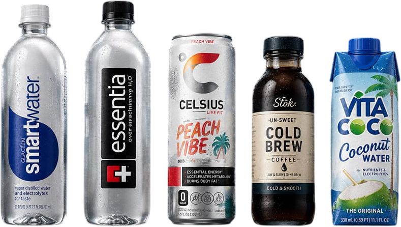 Smartwater, Essentia, Celsius, cold brew and coconut water